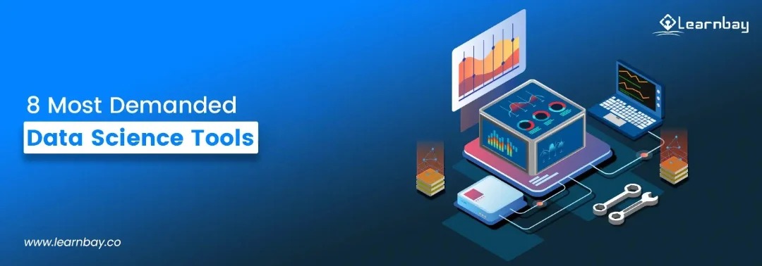 A banner image titled, '8 Most Demanded Data Science Tools in 2023' shows a box connected to a laptop that displays an analytical chart.