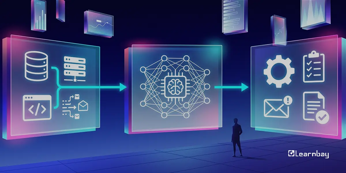 Illustration of Agentic AI workflow showing data input, neural processing, and automated output.