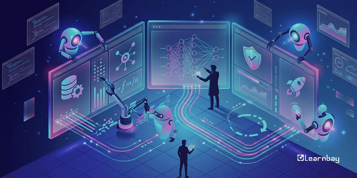 Robots and humans collaborating on a futuristic digital data science dashboard.