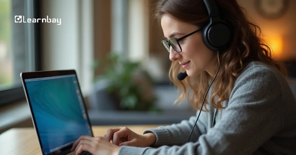 Photo of a young professional learning online with headphones and a laptop to upskill for future careers