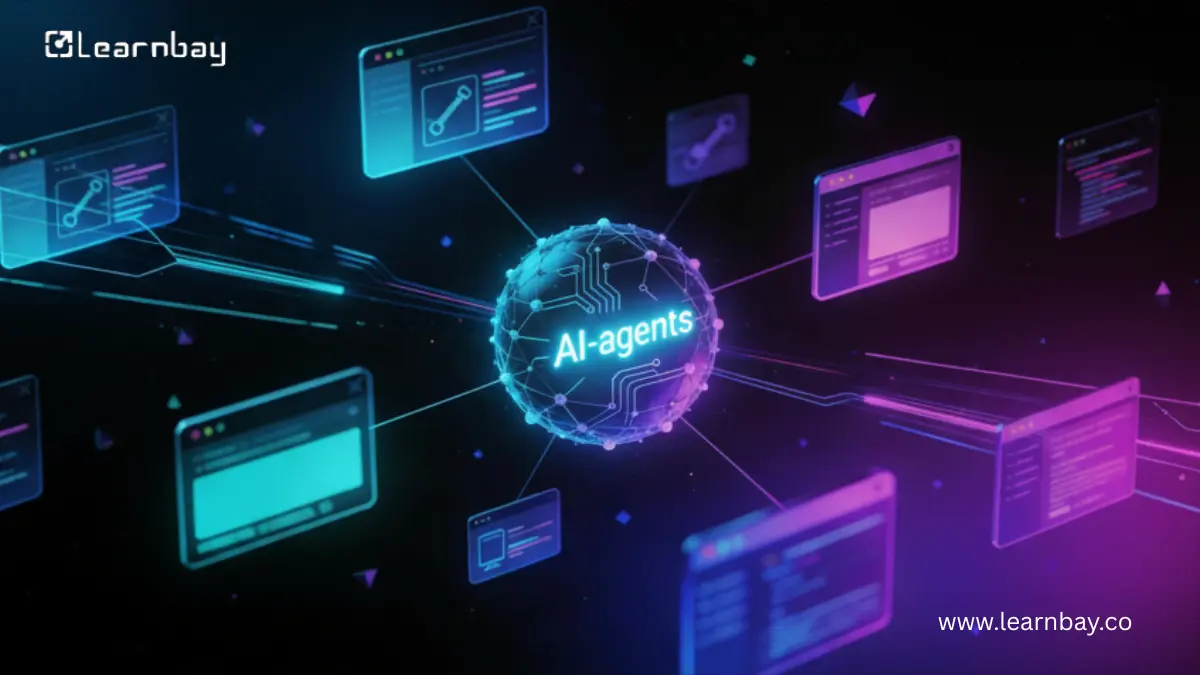 3D illustrations of a glowing AI agent's core linked via data streams to application tiles on a dark blue-purple background.