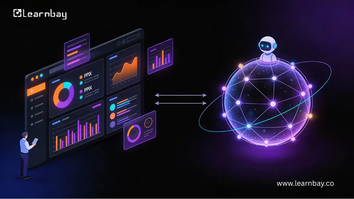 A 3D illustration of data dashboards and a glowing AI sphere exchanging data streams on a dark, radiant background.