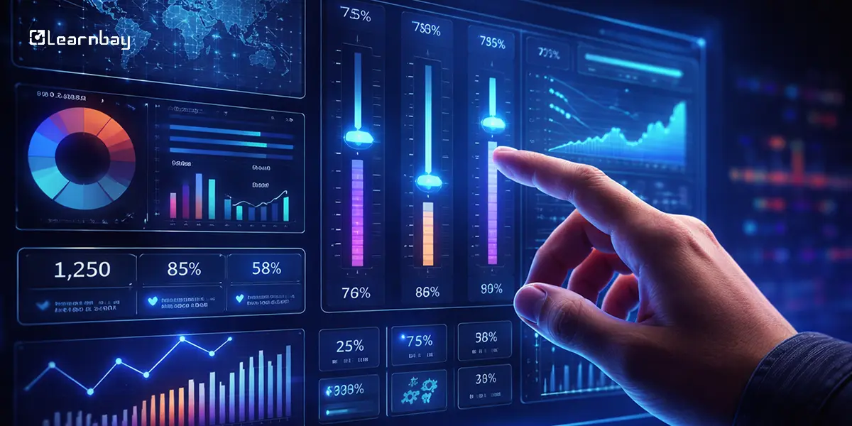 Illustration of a hand using a glowing dashboard with maps, charts, and sliders.