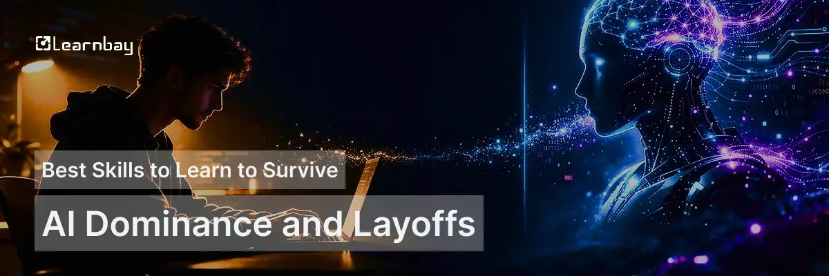 Blog banner image: Best skills to survive AI dominance and layoffs; laptop user linked to blue AI