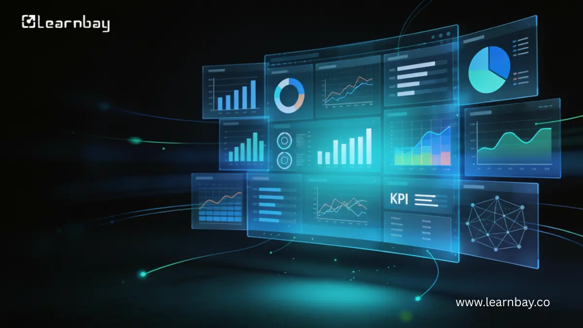 A 3D illustration of a futuristic data dashboard made of overlapping analytic panels glowing in cyan on a dark  background