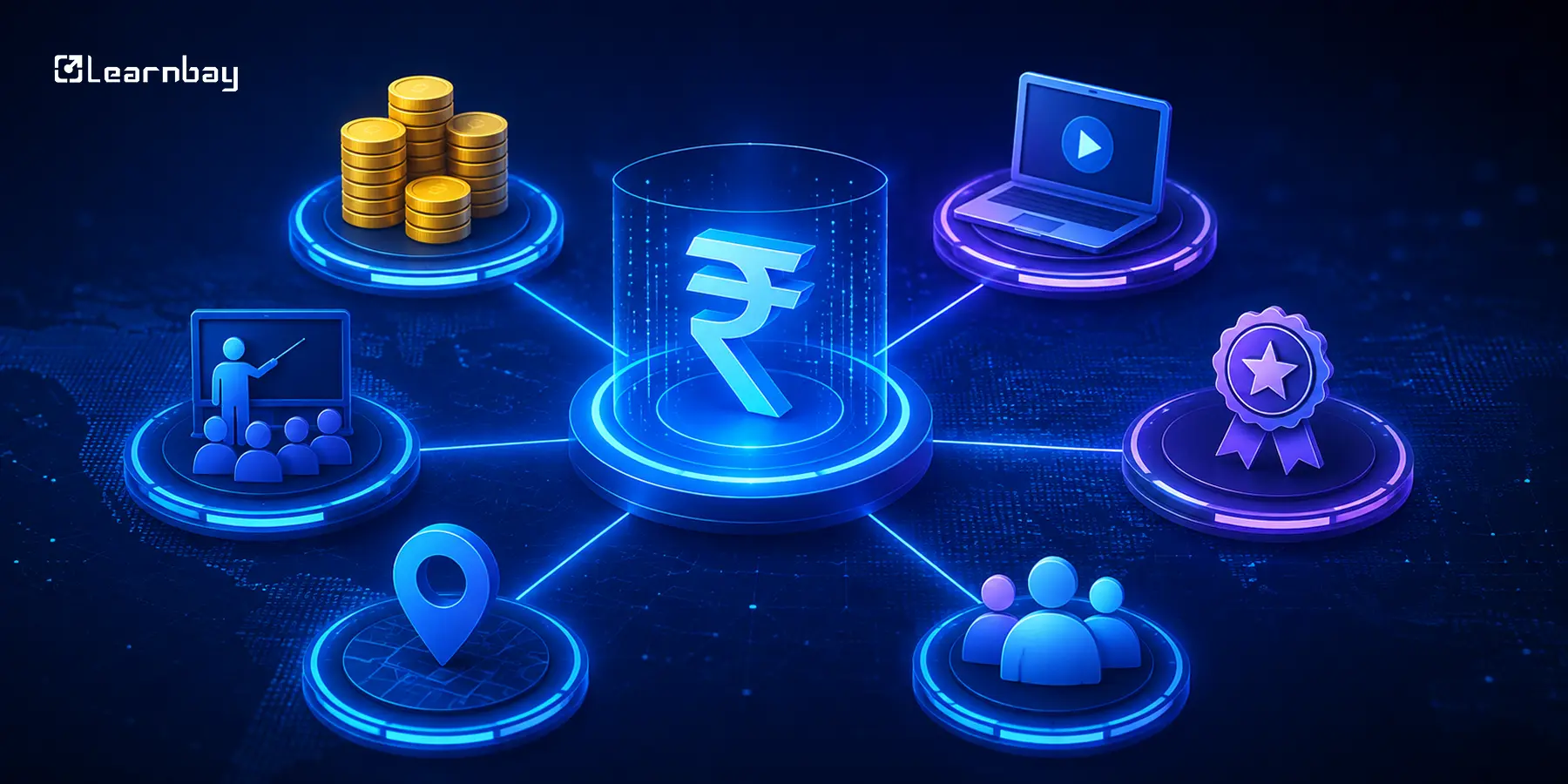 Illustration showing factors affecting Data Analyst course fees in India, including training quality, online learning, certifications, location, mentorship, and placement support with futuristic digital icons and rupee symbol.
