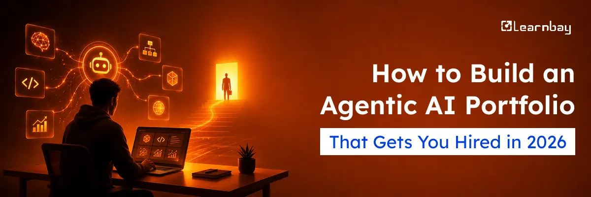 Professional building an Agentic AI portfolio on a laptop with AI workflow icons, illustrating how to create an Agentic AI portfolio that helps secure AI jobs in 2026.