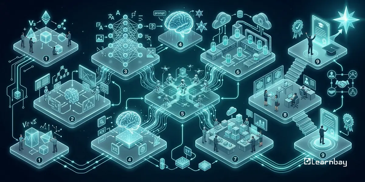 Infographic of gen AI courses workflow showing data, neural networks, training, deployment, and career path