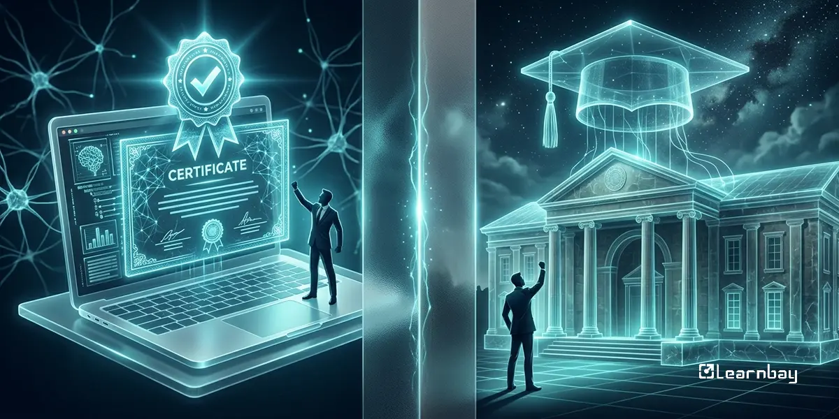 Futuristic scene of online gen AI course certificate and graduation with glowing digital visuals