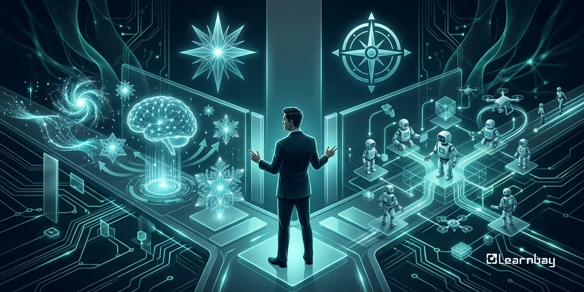 Futuristic split- gen AI courses brain vs agentic AI robots decision scene