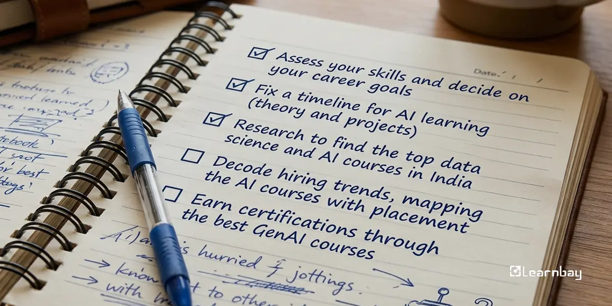 Notebook checklist planning gen AI courses, career goals, timeline and certifications