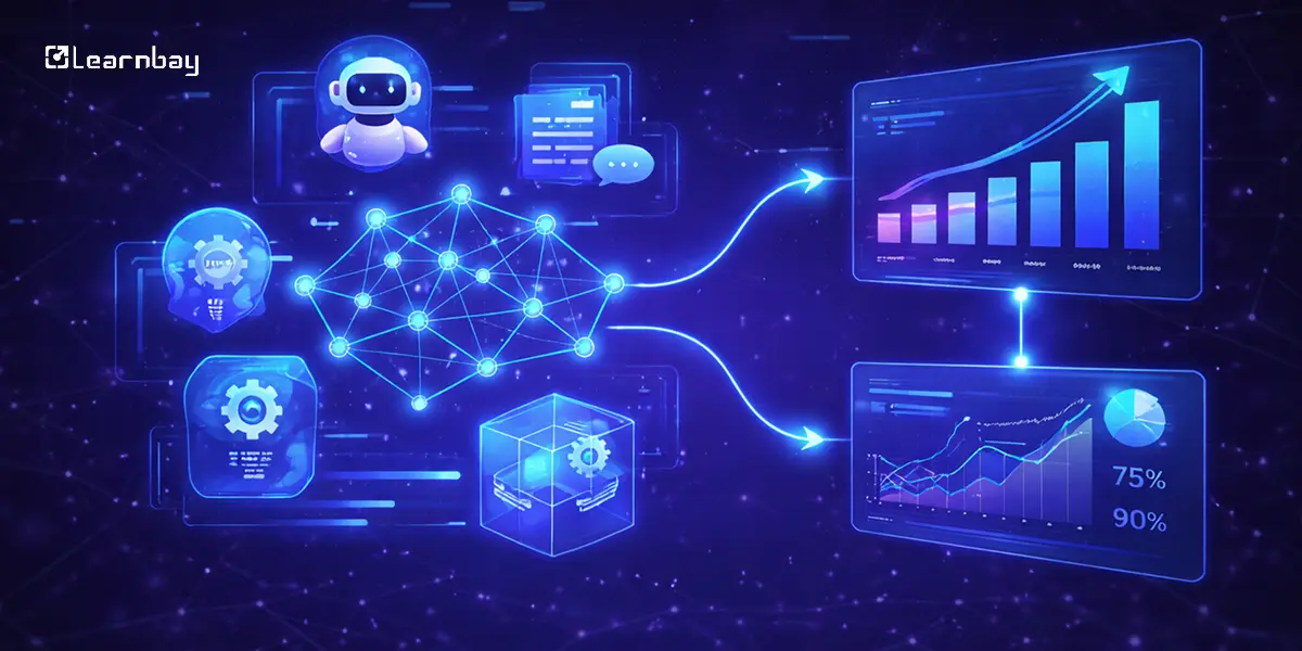 Predictive Intelligence showing neural networks, AI bots, and data analytics dashboards
