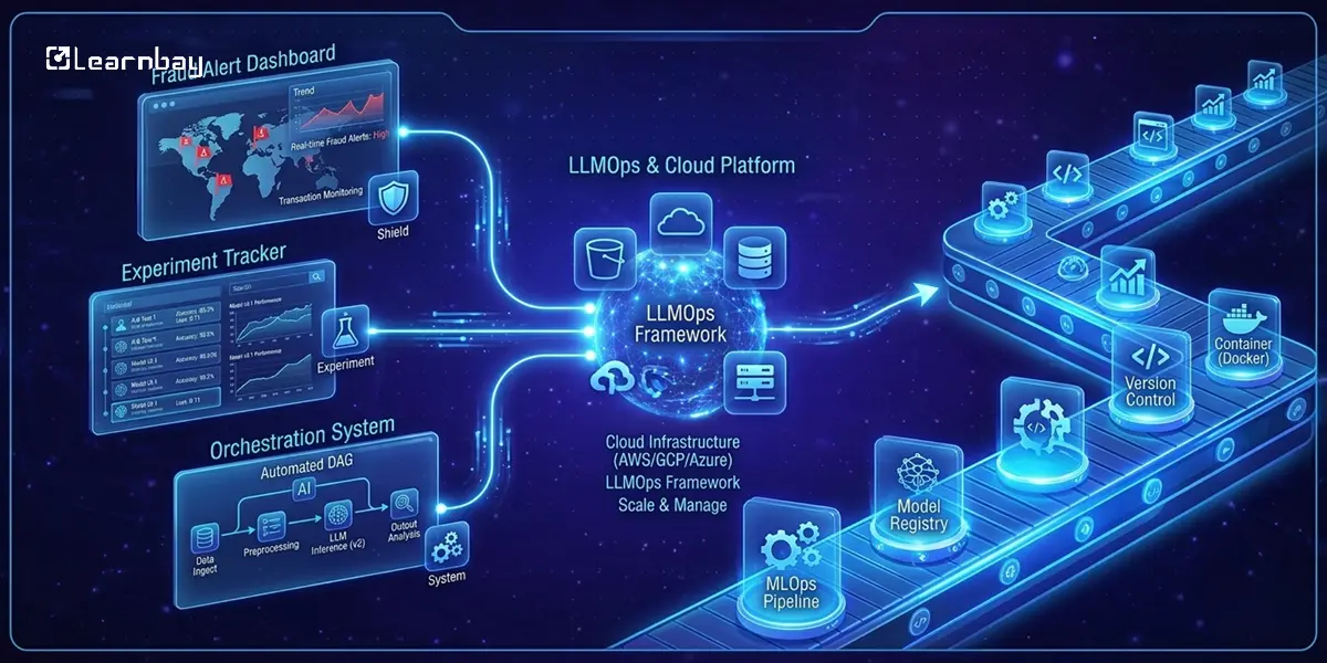 LLMOps and Cloud Platforms showing MLOps pipelines, Docker, and model deployment systems.