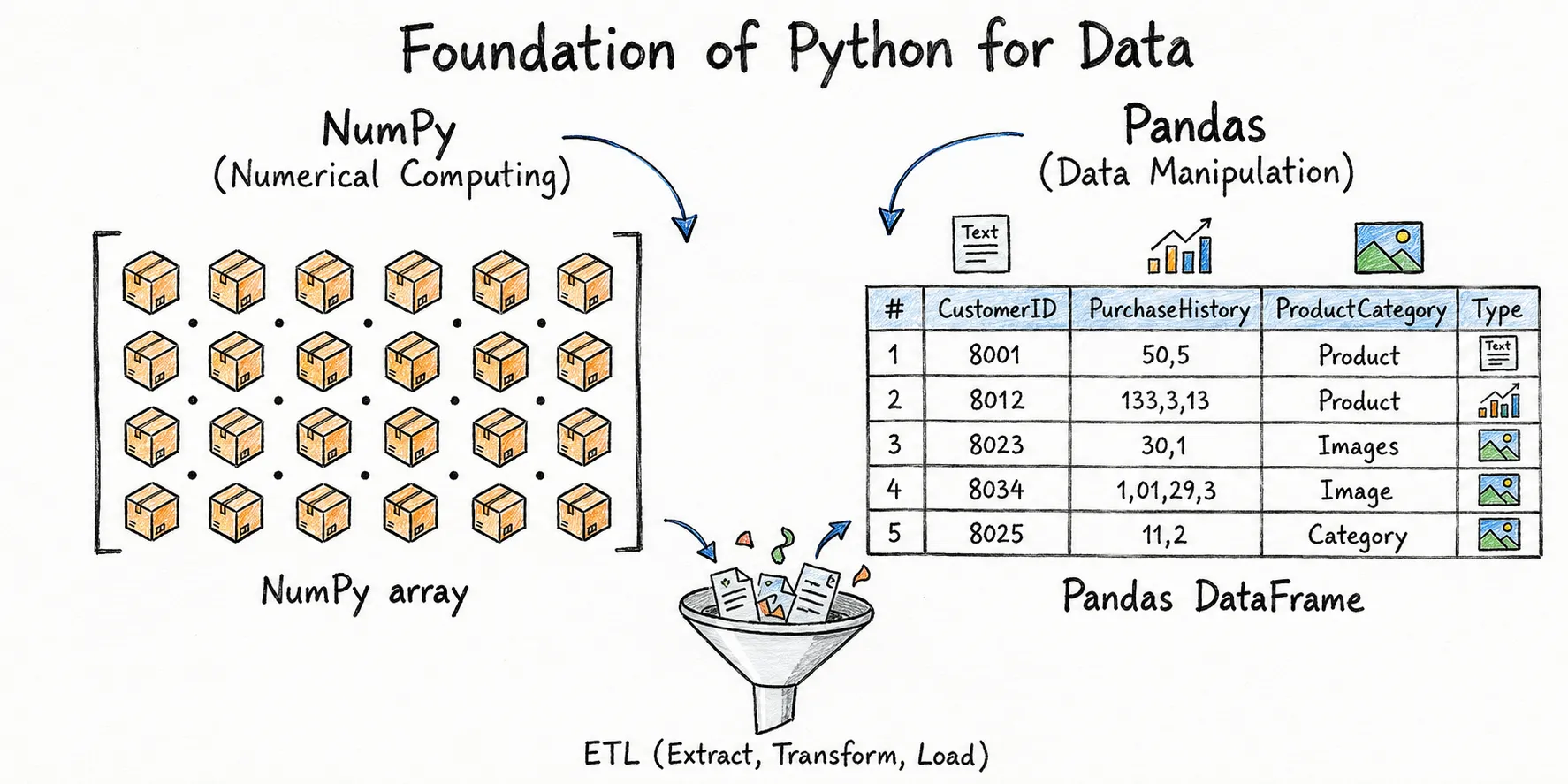 An illustration show foundation of Python for Generative AI using NumPy and Pandas.