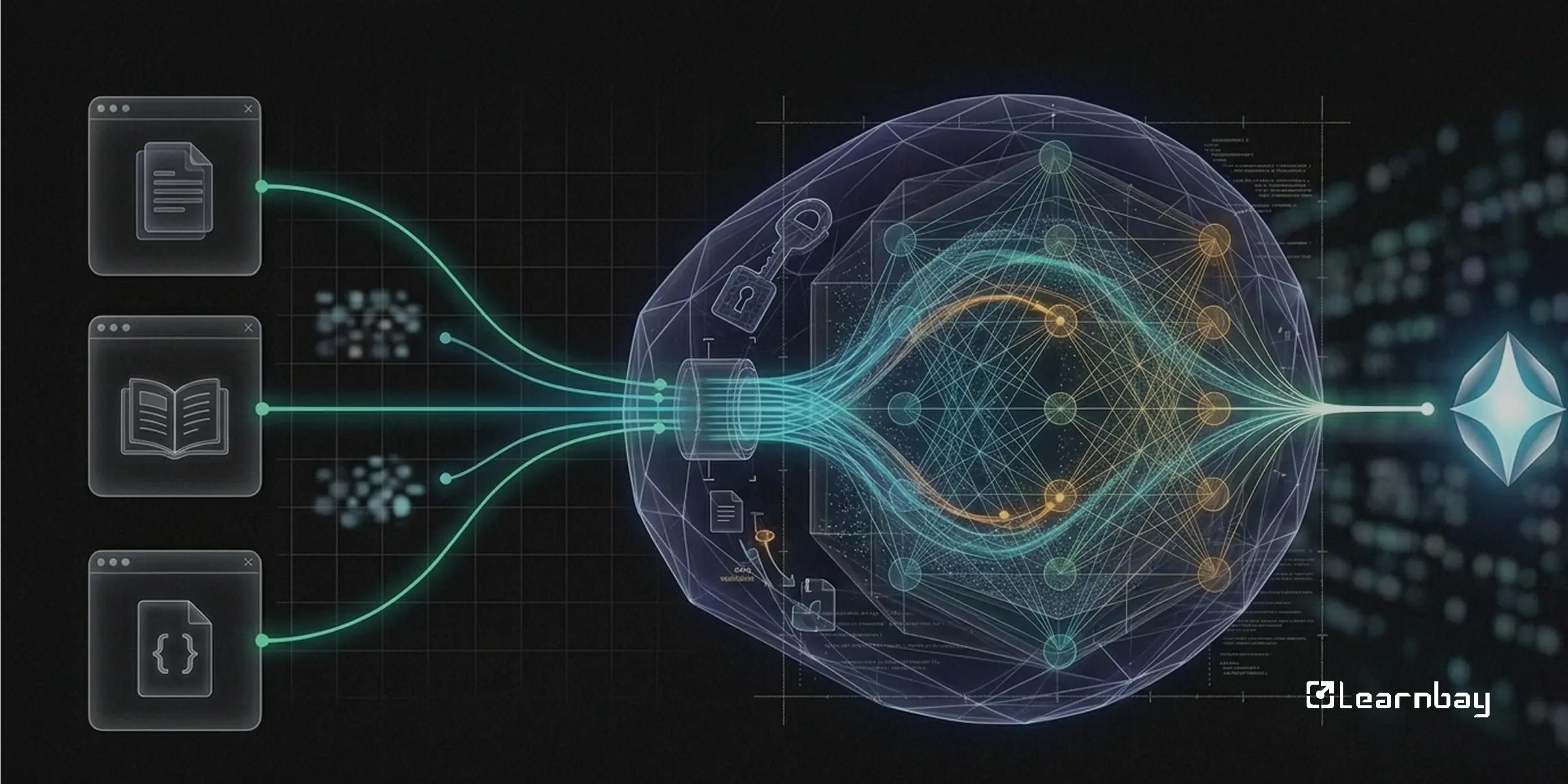 Diagram of Responsible AI depicting secure data flow into a neural network with a lock icon.