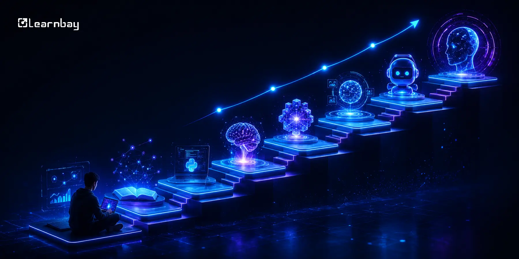 Minimalist futuristic ladder of AI skills rising from beginner basics to advanced generative AI and agents, with glowing 2026 tech visuals.