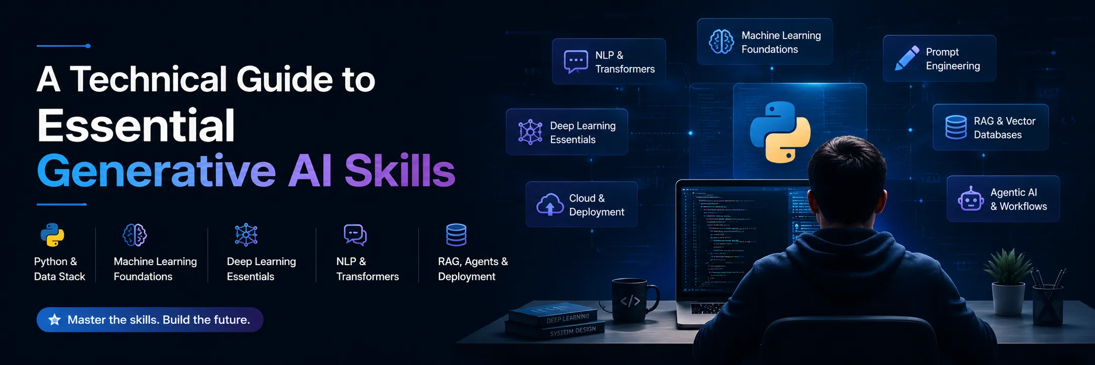 An image shows a person searching "Python for Generative AI skills".