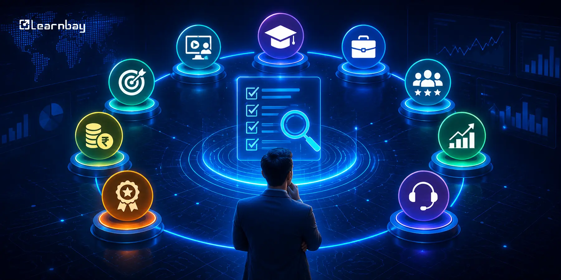 Illustration showing how to choose the right Data Analyst course in 2026 with icons representing curriculum, certifications, placements, mentorship, support, career growth, and course fees in a futuristic digital setting.