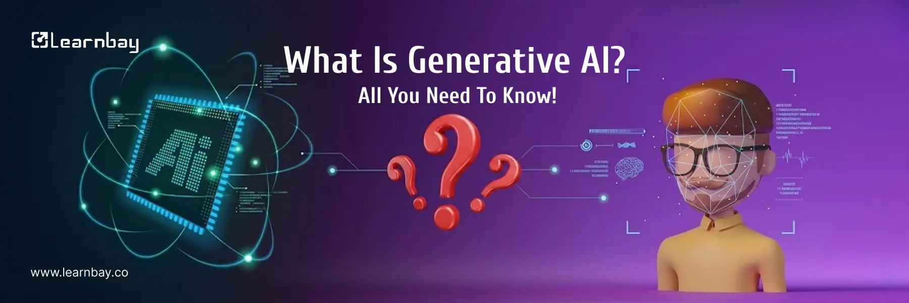 Blog banner image titled "What Is Generative AI?" with a 3D character and glowing AI microchip.