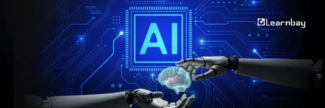 An illustration of agentic AI concept with robotic hands holding digital brain on tech background.