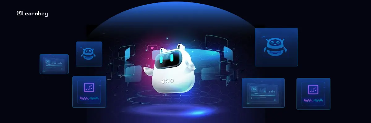 An image of an AI agent hovering among glowing digital screens and icons