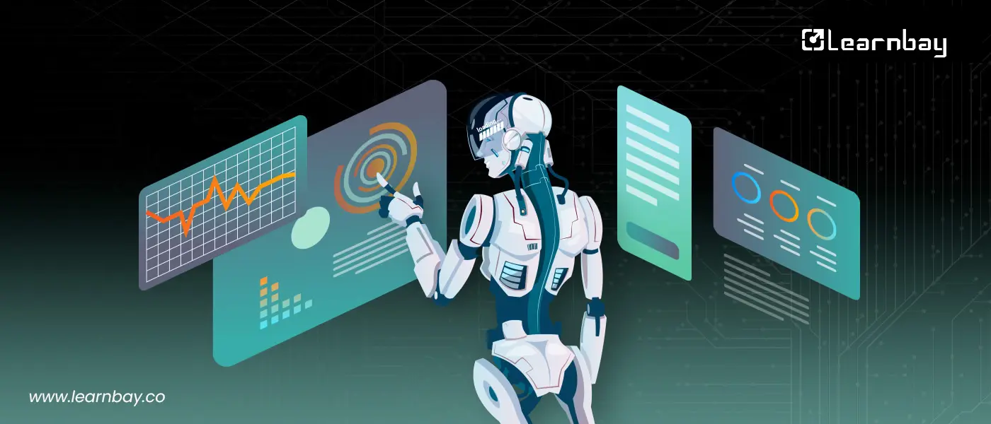 An illustration of a robot is standing before a screen and examining various analytic data.