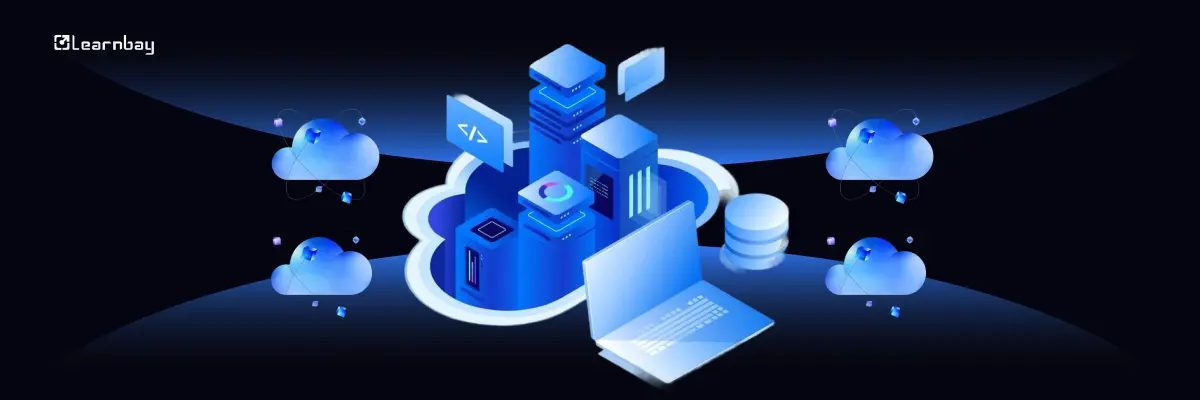 An illustration of cloud servers, a database, and a laptop in a blue cloud environment