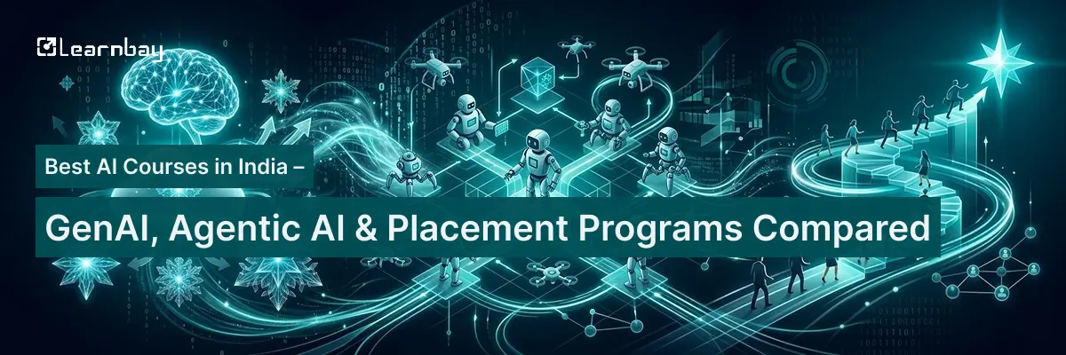 Banner showing futuristic AI robots and comparison of best AI courses in India top programs.