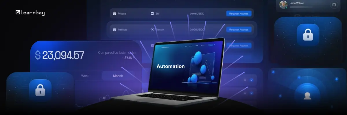 An image with a laptop screen showing automation with blue finance and security dashboard elements