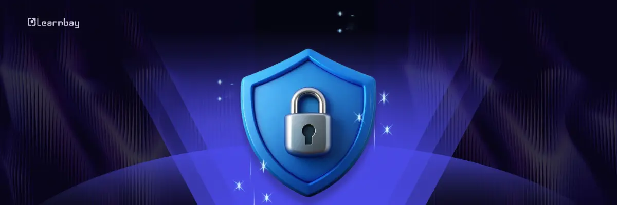 A 3D image of a blue shield with a padlock icon in the dark