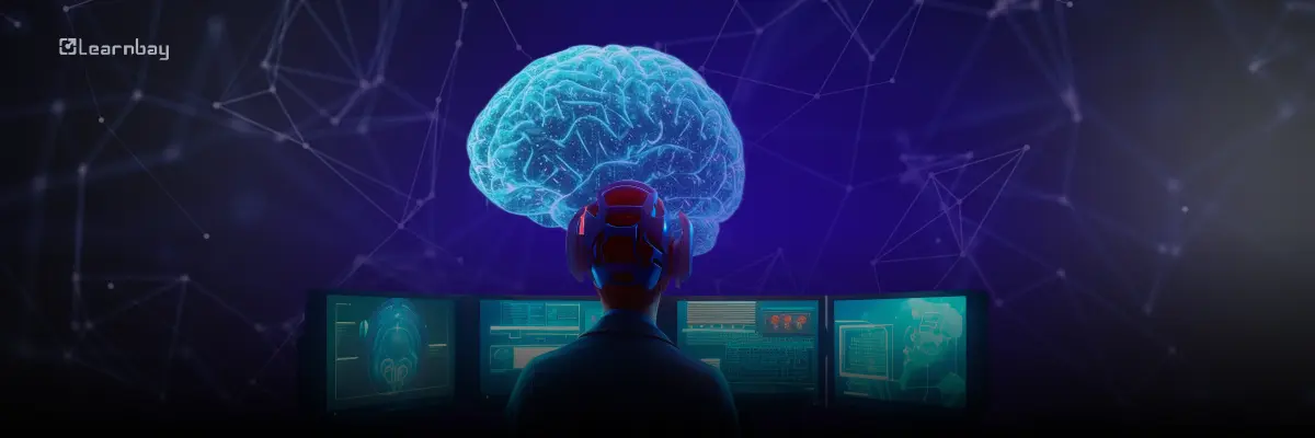 An illustration of a person at data screens under a glowing digital brain, symbolizing agentic AI